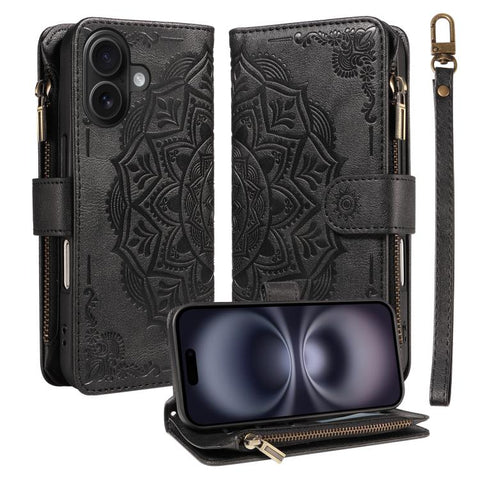 Mandala Embossed 9-Card Zipper RFID Vegan Leather Phone Case with Short Lanyard, For iPhone 18 Pro / 17 Pro, For iPhone 18 Pro Max / 17 Pro Max, For iPhone 17e / 16e, For iPhone 17, For iPhone Air, For iPhone 16 Pro Max, For iPhone 16 Pro              ...
