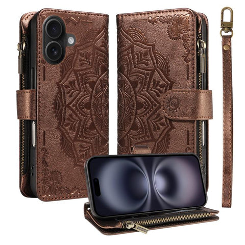 Mandala Embossed 9-Card Zipper RFID Vegan Leather Phone Case with Short Lanyard, For iPhone 18 Pro / 17 Pro, For iPhone 18 Pro Max / 17 Pro Max, For iPhone 17e / 16e, For iPhone 17, For iPhone Air, For iPhone 16 Pro Max, For iPhone 16 Pro              ...