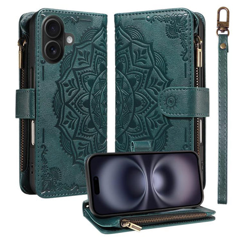 Mandala Embossed 9-Card Zipper RFID Vegan Leather Phone Case with Short Lanyard, For iPhone 18 Pro / 17 Pro, For iPhone 18 Pro Max / 17 Pro Max, For iPhone 17e / 16e, For iPhone 17, For iPhone Air, For iPhone 16 Pro Max, For iPhone 16 Pro              ...