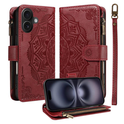 Mandala Embossed 9-Card Zipper RFID Vegan Leather Phone Case with Short Lanyard, For iPhone 18 Pro / 17 Pro, For iPhone 18 Pro Max / 17 Pro Max, For iPhone 17e / 16e, For iPhone 17, For iPhone Air, For iPhone 16 Pro Max, For iPhone 16 Pro              ...