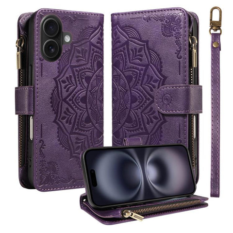 Mandala Embossed 9-Card Zipper RFID Vegan Leather Phone Case with Short Lanyard, For iPhone 18 Pro / 17 Pro, For iPhone 18 Pro Max / 17 Pro Max, For iPhone 17e / 16e, For iPhone 17, For iPhone Air, For iPhone 16 Pro Max, For iPhone 16 Pro              ...
