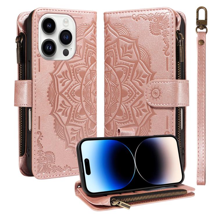 Mandala Embossed 9-Card Zipper RFID Vegan Leather Phone Case with Short Lanyard, For iPhone 14 Pro Max, For iPhone SE 2022 / SE 2020, For iPhone 13 Pro Max, For iPhone 13 Pro, For iPhone 13, For iPhone 13 mini, For iPhone 12 / 12 Pro                   ...