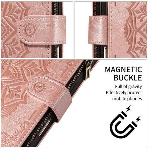 Mandala Embossed 9-Card Zipper RFID Vegan Leather Phone Case with Short Lanyard, For iPhone 14 Pro Max, For iPhone SE 2022 / SE 2020, For iPhone 13 Pro Max, For iPhone 13 Pro, For iPhone 13, For iPhone 13 mini, For iPhone 12 / 12 Pro                   ...