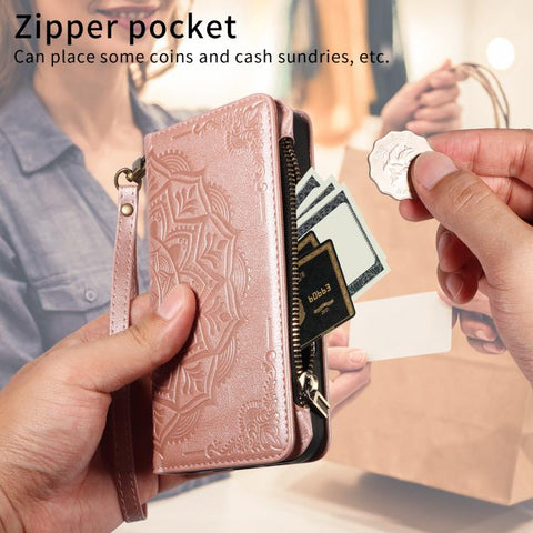 Mandala Embossed 9-Card Zipper RFID Vegan Leather Phone Case with Short Lanyard, For iPhone 14 Pro Max, For iPhone SE 2022 / SE 2020, For iPhone 13 Pro Max, For iPhone 13 Pro, For iPhone 13, For iPhone 13 mini, For iPhone 12 / 12 Pro                   ...