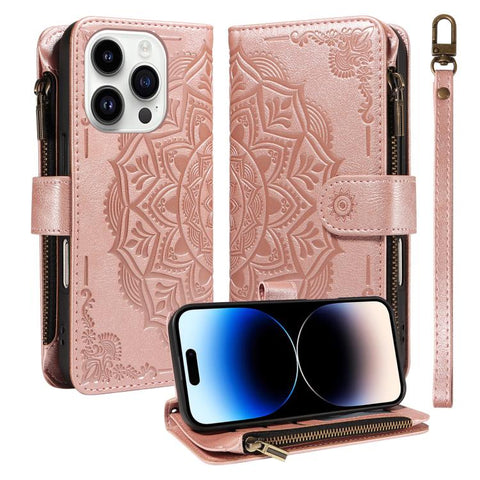 Mandala Embossed 9-Card Zipper RFID Vegan Leather Phone Case with Short Lanyard, For iPhone 14 Pro Max, For iPhone SE 2022 / SE 2020, For iPhone 13 Pro Max, For iPhone 13 Pro, For iPhone 13, For iPhone 13 mini, For iPhone 12 / 12 Pro                   ...