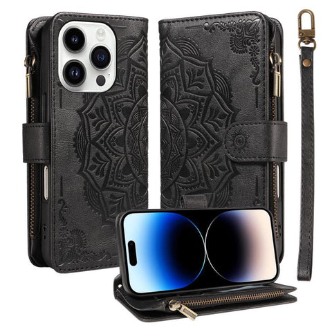 Mandala Embossed 9-Card Zipper RFID Vegan Leather Phone Case with Short Lanyard, For iPhone 14 Pro Max, For iPhone SE 2022 / SE 2020, For iPhone 13 Pro Max, For iPhone 13 Pro, For iPhone 13, For iPhone 13 mini, For iPhone 12 / 12 Pro                   ...