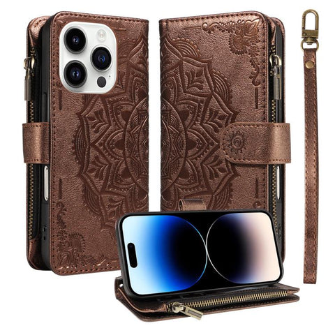 Mandala Embossed 9-Card Zipper RFID Vegan Leather Phone Case with Short Lanyard, For iPhone 14 Pro Max, For iPhone SE 2022 / SE 2020, For iPhone 13 Pro Max, For iPhone 13 Pro, For iPhone 13, For iPhone 13 mini, For iPhone 12 / 12 Pro                   ...