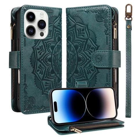 Mandala Embossed 9-Card Zipper RFID Vegan Leather Phone Case with Short Lanyard, For iPhone 14 Pro Max, For iPhone SE 2022 / SE 2020, For iPhone 13 Pro Max, For iPhone 13 Pro, For iPhone 13, For iPhone 13 mini, For iPhone 12 / 12 Pro                   ...