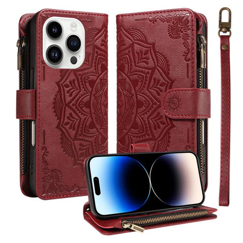 Mandala Embossed 9-Card Zipper RFID Vegan Leather Phone Case with Short Lanyard, For iPhone 14 Pro Max, For iPhone SE 2022 / SE 2020, For iPhone 13 Pro Max, For iPhone 13 Pro, For iPhone 13, For iPhone 13 mini, For iPhone 12 / 12 Pro                   ...