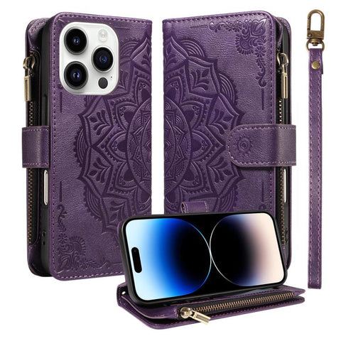 Mandala Embossed 9-Card Zipper RFID Vegan Leather Phone Case with Short Lanyard, For iPhone 14 Pro Max, For iPhone SE 2022 / SE 2020, For iPhone 13 Pro Max, For iPhone 13 Pro, For iPhone 13, For iPhone 13 mini, For iPhone 12 / 12 Pro                   ...