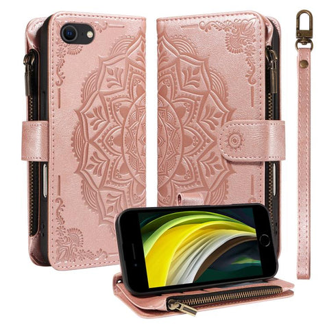Mandala Embossed 9-Card Zipper RFID Vegan Leather Phone Case with Short Lanyard, For iPhone 14 Pro Max, For iPhone SE 2022 / SE 2020, For iPhone 13 Pro Max, For iPhone 13 Pro, For iPhone 13, For iPhone 13 mini, For iPhone 12 / 12 Pro                   ...