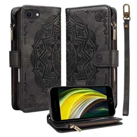 Mandala Embossed 9-Card Zipper RFID Vegan Leather Phone Case with Short Lanyard, For iPhone 14 Pro Max, For iPhone SE 2022 / SE 2020, For iPhone 13 Pro Max, For iPhone 13 Pro, For iPhone 13, For iPhone 13 mini, For iPhone 12 / 12 Pro                   ...