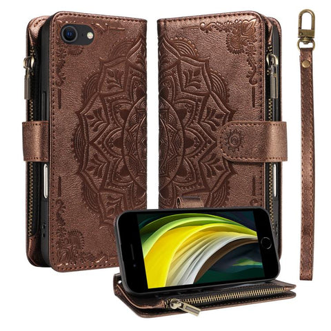 Mandala Embossed 9-Card Zipper RFID Vegan Leather Phone Case with Short Lanyard, For iPhone 14 Pro Max, For iPhone SE 2022 / SE 2020, For iPhone 13 Pro Max, For iPhone 13 Pro, For iPhone 13, For iPhone 13 mini, For iPhone 12 / 12 Pro                   ...