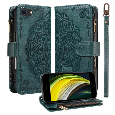 Mandala Embossed 9-Card Zipper RFID Vegan Leather Phone Case with Short Lanyard, For iPhone 14 Pro Max, For iPhone SE 2022 / SE 2020, For iPhone 13 Pro Max, For iPhone 13 Pro, For iPhone 13, For iPhone 13 mini, For iPhone 12 / 12 Pro                   ...