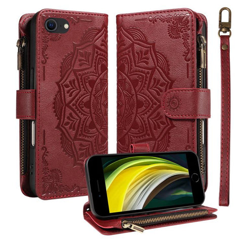 Mandala Embossed 9-Card Zipper RFID Vegan Leather Phone Case with Short Lanyard, For iPhone 14 Pro Max, For iPhone SE 2022 / SE 2020, For iPhone 13 Pro Max, For iPhone 13 Pro, For iPhone 13, For iPhone 13 mini, For iPhone 12 / 12 Pro                   ...
