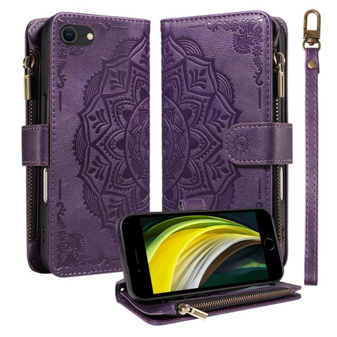 Mandala Embossed 9-Card Zipper RFID Vegan Leather Phone Case with Short Lanyard, For iPhone 14 Pro Max, For iPhone SE 2022 / SE 2020, For iPhone 13 Pro Max, For iPhone 13 Pro, For iPhone 13, For iPhone 13 mini, For iPhone 12 / 12 Pro                   ...