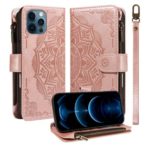 Mandala Embossed 9-Card Zipper RFID Vegan Leather Phone Case with Short Lanyard, For iPhone 14 Pro Max, For iPhone SE 2022 / SE 2020, For iPhone 13 Pro Max, For iPhone 13 Pro, For iPhone 13, For iPhone 13 mini, For iPhone 12 / 12 Pro                   ...