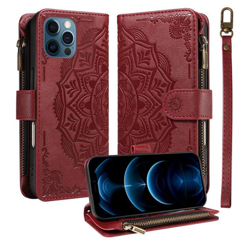 Mandala Embossed 9-Card Zipper RFID Vegan Leather Phone Case with Short Lanyard, For iPhone 14 Pro Max, For iPhone SE 2022 / SE 2020, For iPhone 13 Pro Max, For iPhone 13 Pro, For iPhone 13, For iPhone 13 mini, For iPhone 12 / 12 Pro                   ...