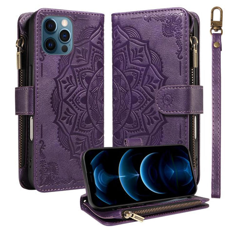 Mandala Embossed 9-Card Zipper RFID Vegan Leather Phone Case with Short Lanyard, For iPhone 14 Pro Max, For iPhone SE 2022 / SE 2020, For iPhone 13 Pro Max, For iPhone 13 Pro, For iPhone 13, For iPhone 13 mini, For iPhone 12 / 12 Pro                   ...