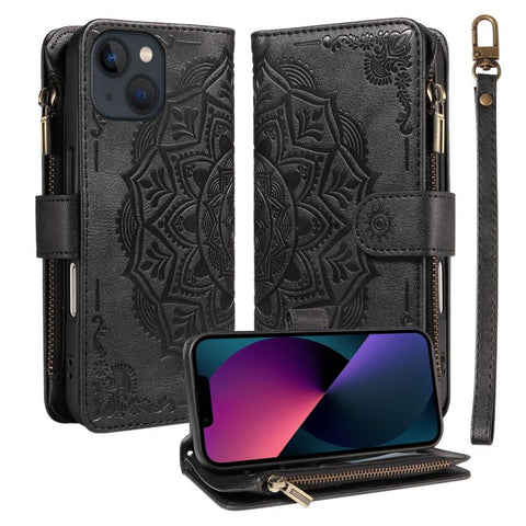 Mandala Embossed 9-Card Zipper RFID Vegan Leather Phone Case with Short Lanyard, For iPhone 14 Pro Max, For iPhone SE 2022 / SE 2020, For iPhone 13 Pro Max, For iPhone 13 Pro, For iPhone 13, For iPhone 13 mini, For iPhone 12 / 12 Pro                   ...