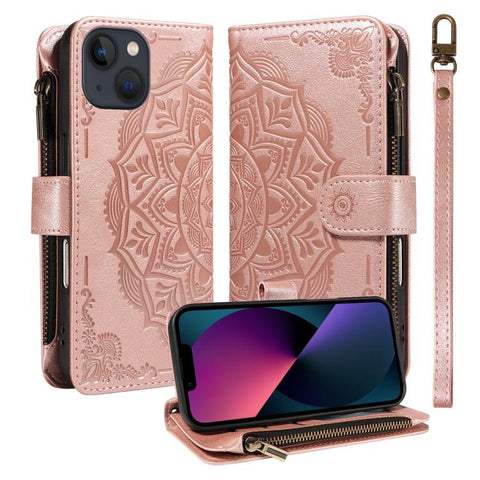 Mandala Embossed 9-Card Zipper RFID Vegan Leather Phone Case with Short Lanyard, For iPhone 14 Pro Max, For iPhone SE 2022 / SE 2020, For iPhone 13 Pro Max, For iPhone 13 Pro, For iPhone 13, For iPhone 13 mini, For iPhone 12 / 12 Pro                   ...