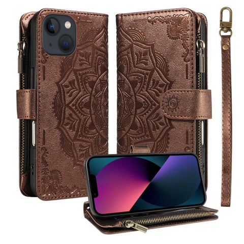 Mandala Embossed 9-Card Zipper RFID Vegan Leather Phone Case with Short Lanyard, For iPhone 14 Pro Max, For iPhone SE 2022 / SE 2020, For iPhone 13 Pro Max, For iPhone 13 Pro, For iPhone 13, For iPhone 13 mini, For iPhone 12 / 12 Pro                   ...