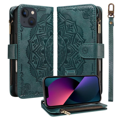 Mandala Embossed 9-Card Zipper RFID Vegan Leather Phone Case with Short Lanyard, For iPhone 14 Pro Max, For iPhone SE 2022 / SE 2020, For iPhone 13 Pro Max, For iPhone 13 Pro, For iPhone 13, For iPhone 13 mini, For iPhone 12 / 12 Pro                   ...