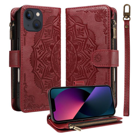 Mandala Embossed 9-Card Zipper RFID Vegan Leather Phone Case with Short Lanyard, For iPhone 14 Pro Max, For iPhone SE 2022 / SE 2020, For iPhone 13 Pro Max, For iPhone 13 Pro, For iPhone 13, For iPhone 13 mini, For iPhone 12 / 12 Pro                   ...