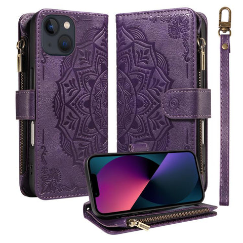 Mandala Embossed 9-Card Zipper RFID Vegan Leather Phone Case with Short Lanyard, For iPhone 14 Pro Max, For iPhone SE 2022 / SE 2020, For iPhone 13 Pro Max, For iPhone 13 Pro, For iPhone 13, For iPhone 13 mini, For iPhone 12 / 12 Pro                   ...