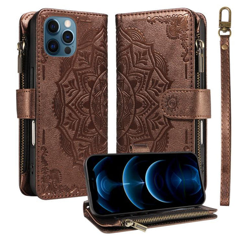 Mandala Embossed 9-Card Zipper RFID Vegan Leather Phone Case with Short Lanyard, For iPhone 14 Pro Max, For iPhone SE 2022 / SE 2020, For iPhone 13 Pro Max, For iPhone 13 Pro, For iPhone 13, For iPhone 13 mini, For iPhone 12 / 12 Pro                   ...