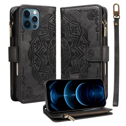 Mandala Embossed 9-Card Zipper RFID Vegan Leather Phone Case with Short Lanyard, For iPhone 14 Pro Max, For iPhone SE 2022 / SE 2020, For iPhone 13 Pro Max, For iPhone 13 Pro, For iPhone 13, For iPhone 13 mini, For iPhone 12 / 12 Pro                   ...