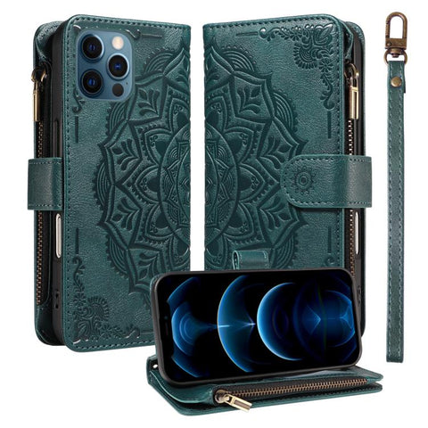 Mandala Embossed 9-Card Zipper RFID Vegan Leather Phone Case with Short Lanyard, For iPhone 14 Pro Max, For iPhone SE 2022 / SE 2020, For iPhone 13 Pro Max, For iPhone 13 Pro, For iPhone 13, For iPhone 13 mini, For iPhone 12 / 12 Pro                   ...