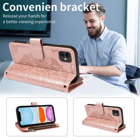 Mandala Embossed 9-Card Zipper RFID Vegan Leather Phone Case with Short Lanyard, For iPhone 12 mini, For iPhone 11 Pro Max, For iPhone 11, For iPhone 11 Pro, For iPhone XS / X, For iPhone XR, For iPhone XS Max