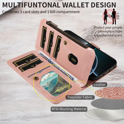 Mandala Embossed 9-Card Zipper RFID Vegan Leather Phone Case with Short Lanyard, For iPhone 12 mini, For iPhone 11 Pro Max, For iPhone 11, For iPhone 11 Pro, For iPhone XS / X, For iPhone XR, For iPhone XS Max