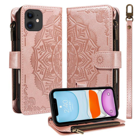 Mandala Embossed 9-Card Zipper RFID Vegan Leather Phone Case with Short Lanyard, For iPhone 12 mini, For iPhone 11 Pro Max, For iPhone 11, For iPhone 11 Pro, For iPhone XS / X, For iPhone XR, For iPhone XS Max