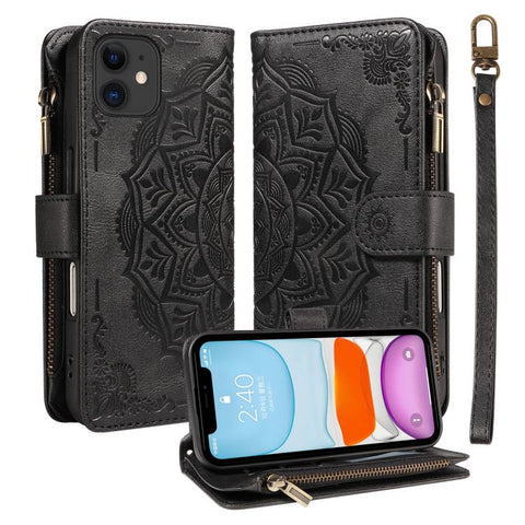 Mandala Embossed 9-Card Zipper RFID Vegan Leather Phone Case with Short Lanyard, For iPhone 12 mini, For iPhone 11 Pro Max, For iPhone 11, For iPhone 11 Pro, For iPhone XS / X, For iPhone XR, For iPhone XS Max