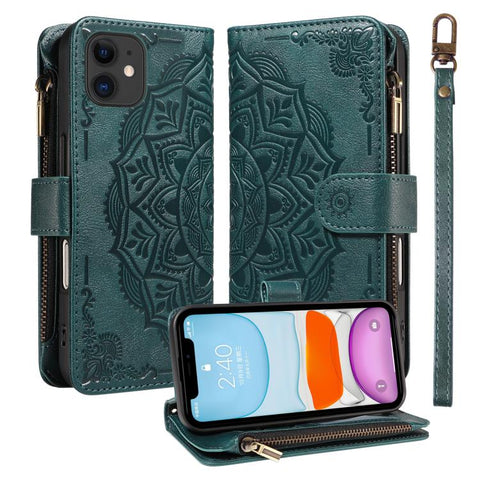 Mandala Embossed 9-Card Zipper RFID Vegan Leather Phone Case with Short Lanyard, For iPhone 12 mini, For iPhone 11 Pro Max, For iPhone 11, For iPhone 11 Pro, For iPhone XS / X, For iPhone XR, For iPhone XS Max