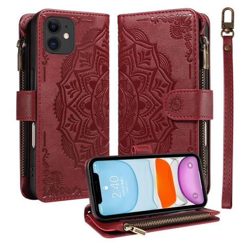 Mandala Embossed 9-Card Zipper RFID Vegan Leather Phone Case with Short Lanyard, For iPhone 12 mini, For iPhone 11 Pro Max, For iPhone 11, For iPhone 11 Pro, For iPhone XS / X, For iPhone XR, For iPhone XS Max