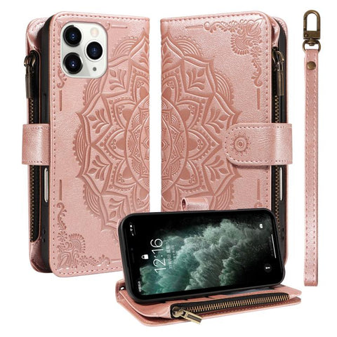 Mandala Embossed 9-Card Zipper RFID Vegan Leather Phone Case with Short Lanyard, For iPhone 12 mini, For iPhone 11 Pro Max, For iPhone 11, For iPhone 11 Pro, For iPhone XS / X, For iPhone XR, For iPhone XS Max