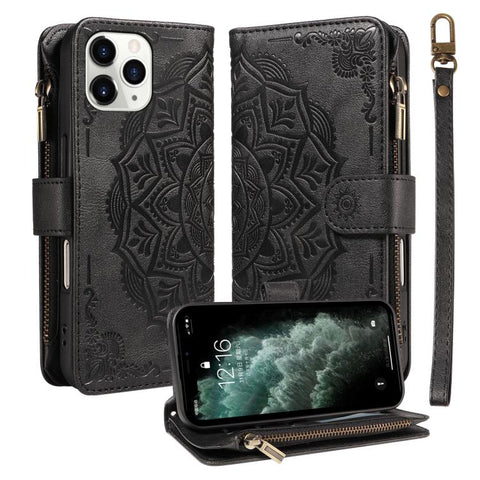 Mandala Embossed 9-Card Zipper RFID Vegan Leather Phone Case with Short Lanyard, For iPhone 12 mini, For iPhone 11 Pro Max, For iPhone 11, For iPhone 11 Pro, For iPhone XS / X, For iPhone XR, For iPhone XS Max