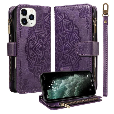 Mandala Embossed 9-Card Zipper RFID Vegan Leather Phone Case with Short Lanyard, For iPhone 12 mini, For iPhone 11 Pro Max, For iPhone 11, For iPhone 11 Pro, For iPhone XS / X, For iPhone XR, For iPhone XS Max