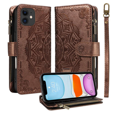 Mandala Embossed 9-Card Zipper RFID Vegan Leather Phone Case with Short Lanyard, For iPhone 12 mini, For iPhone 11 Pro Max, For iPhone 11, For iPhone 11 Pro, For iPhone XS / X, For iPhone XR, For iPhone XS Max
