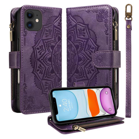 Mandala Embossed 9-Card Zipper RFID Vegan Leather Phone Case with Short Lanyard, For iPhone 12 mini, For iPhone 11 Pro Max, For iPhone 11, For iPhone 11 Pro, For iPhone XS / X, For iPhone XR, For iPhone XS Max