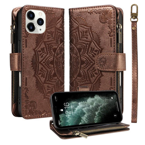 Mandala Embossed 9-Card Zipper RFID Vegan Leather Phone Case with Short Lanyard, For iPhone 12 mini, For iPhone 11 Pro Max, For iPhone 11, For iPhone 11 Pro, For iPhone XS / X, For iPhone XR, For iPhone XS Max