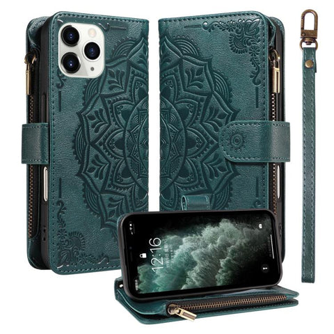 Mandala Embossed 9-Card Zipper RFID Vegan Leather Phone Case with Short Lanyard, For iPhone 12 mini, For iPhone 11 Pro Max, For iPhone 11, For iPhone 11 Pro, For iPhone XS / X, For iPhone XR, For iPhone XS Max