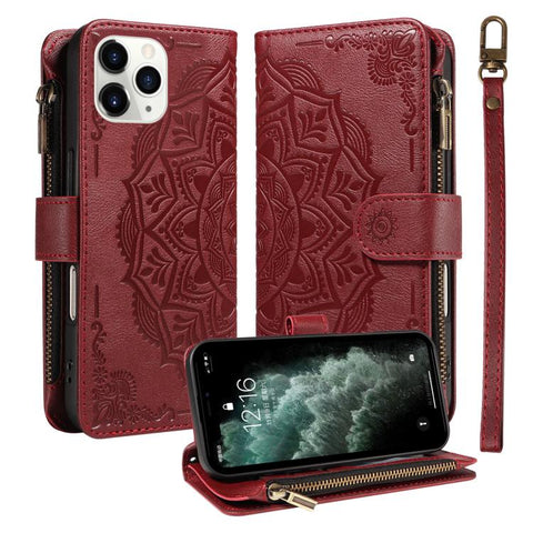 Mandala Embossed 9-Card Zipper RFID Vegan Leather Phone Case with Short Lanyard, For iPhone 12 mini, For iPhone 11 Pro Max, For iPhone 11, For iPhone 11 Pro, For iPhone XS / X, For iPhone XR, For iPhone XS Max