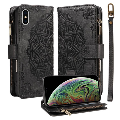 Mandala Embossed 9-Card Zipper RFID Vegan Leather Phone Case with Short Lanyard, For iPhone 12 mini, For iPhone 11 Pro Max, For iPhone 11, For iPhone 11 Pro, For iPhone XS / X, For iPhone XR, For iPhone XS Max