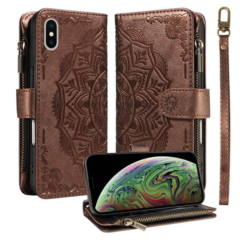 Mandala Embossed 9-Card Zipper RFID Vegan Leather Phone Case with Short Lanyard, For iPhone 12 mini, For iPhone 11 Pro Max, For iPhone 11, For iPhone 11 Pro, For iPhone XS / X, For iPhone XR, For iPhone XS Max