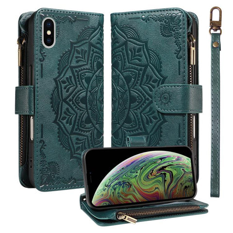 Mandala Embossed 9-Card Zipper RFID Vegan Leather Phone Case with Short Lanyard, For iPhone 12 mini, For iPhone 11 Pro Max, For iPhone 11, For iPhone 11 Pro, For iPhone XS / X, For iPhone XR, For iPhone XS Max