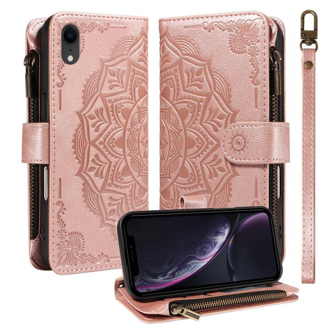 Mandala Embossed 9-Card Zipper RFID Vegan Leather Phone Case with Short Lanyard, For iPhone 12 mini, For iPhone 11 Pro Max, For iPhone 11, For iPhone 11 Pro, For iPhone XS / X, For iPhone XR, For iPhone XS Max
